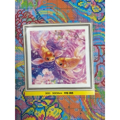 Tranh thêu kín Song ngư mẫu đơn (2 con cá), kích thước 50 x 90 cm