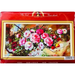 Tranh thêu kín Hoa mẫu đơn E262, 100x55 cm, 11ct thêu 3 sợi