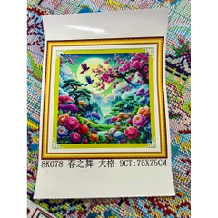 Tranh thêu kín Hoa mùa xuân 8K078, thêu 4 sợi, 9CT, kích thước 75 x75 cm