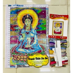Tranh thêu kín Quan âm (thêu 3 sợi), kích thước 54x77 cm