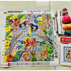 [Hỏa tốc HCM] Tranh thêu kín 4 sợi Đôi chim liền cành 68758, kích thước 58x58 cm