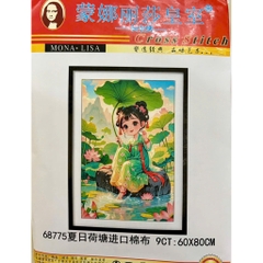 [Thêu 4 sợi] Tranh thêu kín cô gái lá sen 68775, kích thước 60x 80 cm