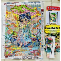 [Thêu 4 sợi] Tranh thêu kín cô gái lá sen 68775, kích thước 60x 80 cm