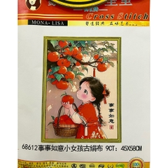 [Thêu 4 sợi] Tranh thêu kín bé hái quả 68612, kích thước 45 x 58 cm