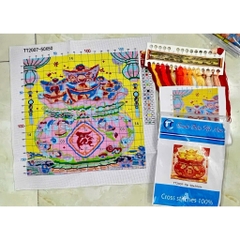 Tranh thêu kín Túi tiền Phúc Lộc Thọ, kích thước 50x 50 cm