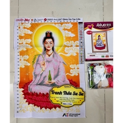 Tranh thêu chữ thập Quan âm ngồi tòa sen AL53367, kích thước 52 x 73 cm, thêu 3D