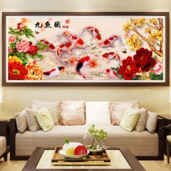 Tranh thêu kín Cửu ngư đồ DW1206, kích thước 120x 52 cm