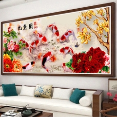 Tranh thêu kín Cửu ngư đồ DW1206, kích thước 120x 52 cm