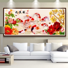 Tranh thêu kín Cửu ngư đồ DW1206, kích thước 120x 52 cm