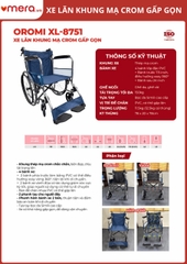 Xe Lăn Gấp Gọn Có Phanh Tay Người Đẩy (Tải Trọng 150kg, Khung Thép Mạ Crom) - OROMI XL-8751