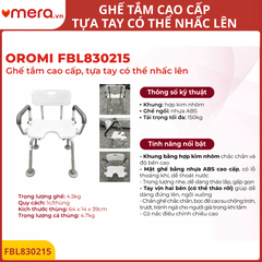 Ghế Tắm Có Tựa Lưng, Tựa Tay Nhấc Lên (Khung Nhôm, Tải 150kg, Chống Trượt) - OROMI FBL830215