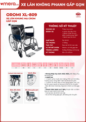 Xe Lăn Tay Gấp Gọn, Không Phanh Tay (Khung Thép Mạ Crom) - OROMI XL-809