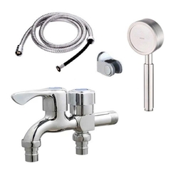 Vòi nước đôi cho máy giặt, Bộ củ sen tắm lạnh kết hợp bát sen tăng áp inox 304 SL01-VHS06 kèm dây và đế cài