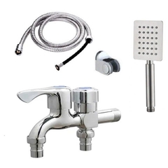 Vòi nước đôi cho máy giặt, Bộ củ sen tắm lạnh GIORMANI kết hợp bát sen vuông inox SL01-VHS10 kèm dây và đế cài