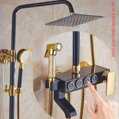 Bộ sen cây tắm nóng lạnh vàng đen 4 nút cao cấp GIORMANI SC31 có vòi sịt rửa tiện dụng