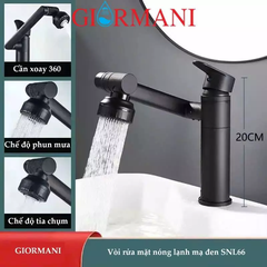 Vòi rửa mặt, vòi Lavabo nóng lạnh cao cấp mạ đen cần xoay 360 hai chế độ nước GIORMANI SNL66 kèm đôi dây cấp inox