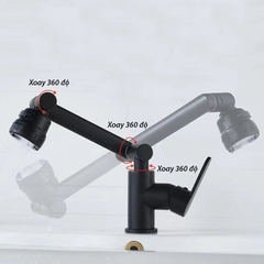 Vòi lavabo, vòi rửa mặt GIORMANI nóng lạnh cần xoay 360 độ  mạ đen SNL50 kèm đôi dây cấp inox