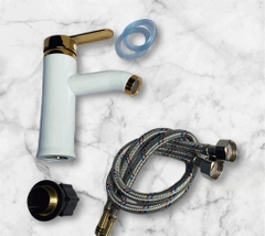 Vòi lavabo, vòi rửa mặt GIORMANI nóng lạnh vàng trắng cao cấp SNL51 kèm đôi dây cấp inox