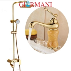 Bộ sen cây tắm GIORMANI nóng lạnh vàng ánh kim 3 nút kết hợp vòi lavabo vàng sứ cao cấp SC05-SNL21