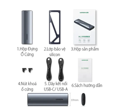 Thiết bị đựng ổ cứng cỡ M.2, dùng để kết nối ổ cứng M2 SATA/NVMe với máy tính qua cổng usb Ugreen (90264)