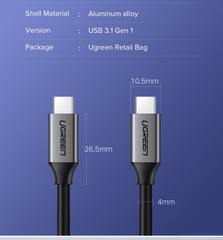 Cáp dữ liệu USB Type-C màu xám, truyền dữ liệu giữa máy tính và điện thoại dài 1.5M Ugreen (50751)