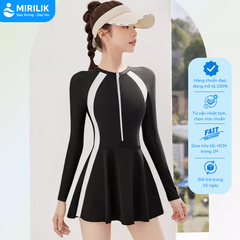 Váy bơi nữ tay dài Bikini liền thân cao cấp chống nắng Đầm bơi màu đen kín đáo YouYou - Yuri Sports