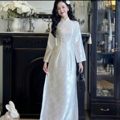 Áo Dài Gấm Cao Cấp Nữ Kèm Quần Lụa Ngọc Trai Thiết Kế Sang Trọng Dáng Dài Quý Phái Tết 2026 Chụp Ảnh