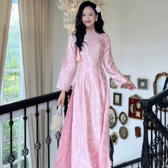 Áo Dài Gấm Cao Cấp Nữ Kèm Quần Lụa Ngọc Trai Thiết Kế Sang Trọng Dáng Dài Quý Phái Tết 2026 Chụp Ảnh