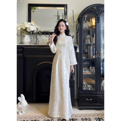 Áo Dài Gấm Cao Cấp Nữ Kèm Quần Lụa Ngọc Trai Thiết Kế Sang Trọng Dáng Dài Quý Phái Tết 2026 Chụp Ảnh