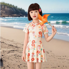 Đầm bơi liền thân bé gái tay ngắn màu tím Pastel váy bơi YUKE họa tiết cầu vồng dễ thương Mirilik