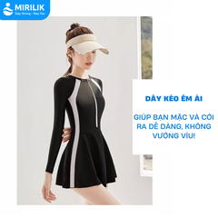 Váy bơi nữ tay dài Bikini liền thân cao cấp chống nắng Đầm bơi màu đen kín đáo YouYou - Yuri Sports