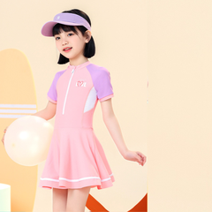 Đầm bơi liền thân bé gái tay ngắn màu tím Pastel váy bơi YUKE họa tiết cầu vồng dễ thương Mirilik