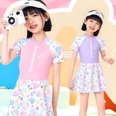 Đầm bơi liền thân bé gái tay ngắn màu tím Pastel váy bơi YUKE họa tiết cầu vồng dễ thương Mirilik