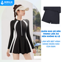 Váy bơi nữ tay dài Bikini liền thân cao cấp chống nắng Đầm bơi màu đen kín đáo YouYou - Yuri Sports
