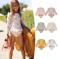 Đồ bơi bé gái tay dài 8-25kg kèm nón - Bộ jumpsuit bơi hoa nhí dễ thương YIBAIDU YURIPROMAX