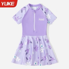 Đầm bơi liền thân bé gái tay ngắn màu tím Pastel váy bơi YUKE họa tiết cầu vồng dễ thương Mirilik