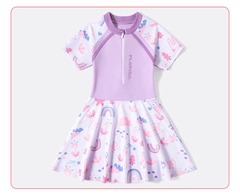 Đầm bơi liền thân bé gái tay ngắn màu tím Pastel váy bơi YUKE họa tiết cầu vồng dễ thương Mirilik