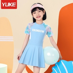 Đầm bơi liền thân bé gái tay ngắn màu tím Pastel váy bơi YUKE họa tiết cầu vồng dễ thương Mirilik