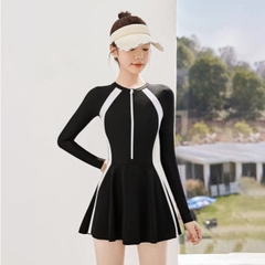 Váy bơi nữ tay dài Bikini liền thân cao cấp chống nắng Đầm bơi màu đen kín đáo YouYou - Yuri Sports