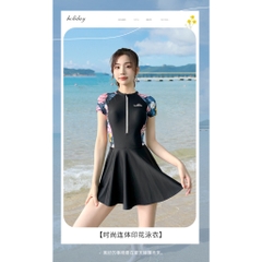 Váy bơi nữ tay dài Bikini liền thân cao cấp chống nắng Đầm bơi màu đen kín đáo YouYou - Yuri Sports