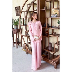 Bộ Áo Bà Ba Nữ Tằm Hoa Cao Cấp Đính Hoa Thanh Lịch, Quần Ống Rộng Mặc Tết, Đi Lễ Mirilik