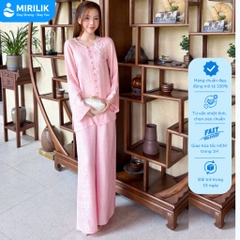 Bộ Áo Bà Ba Nữ Tằm Hoa Cao Cấp Đính Hoa Thanh Lịch, Quần Ống Rộng Mặc Tết, Đi Lễ Mirilik