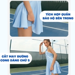 Đồ Pickleball nữ dáng váy cổ polo hở lưng phối viền, trang phục thể thao nữ chơi tennis Golf Mirilik
