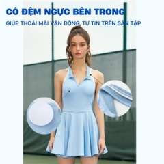 Đồ Pickleball nữ dáng váy cổ polo hở lưng phối viền, trang phục thể thao nữ chơi tennis Golf Mirilik