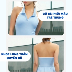 Đồ Pickleball nữ dáng váy cổ polo hở lưng phối viền, trang phục thể thao nữ chơi tennis Golf Mirilik