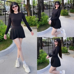 Bộ đồ tập thể thao nữ Pickleball Tennis áo thun tay dài chân váy xếp ly ngắn màu trắng MIRILIK