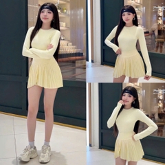 Bộ đồ tập thể thao nữ Pickleball Tennis áo thun tay dài chân váy xếp ly ngắn màu trắng MIRILIK