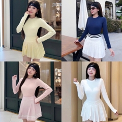 Bộ đồ tập thể thao nữ Pickleball Tennis áo thun tay dài chân váy xếp ly ngắn màu trắng MIRILIK