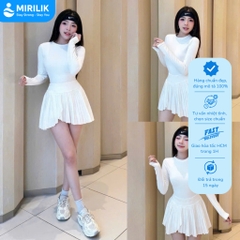 Bộ đồ tập thể thao nữ Pickleball Tennis áo thun tay dài chân váy xếp ly ngắn màu trắng MIRILIK