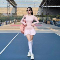 Bộ đồ tập thể thao nữ Pickleball Tennis áo thun tay dài chân váy xếp ly ngắn màu trắng MIRILIK